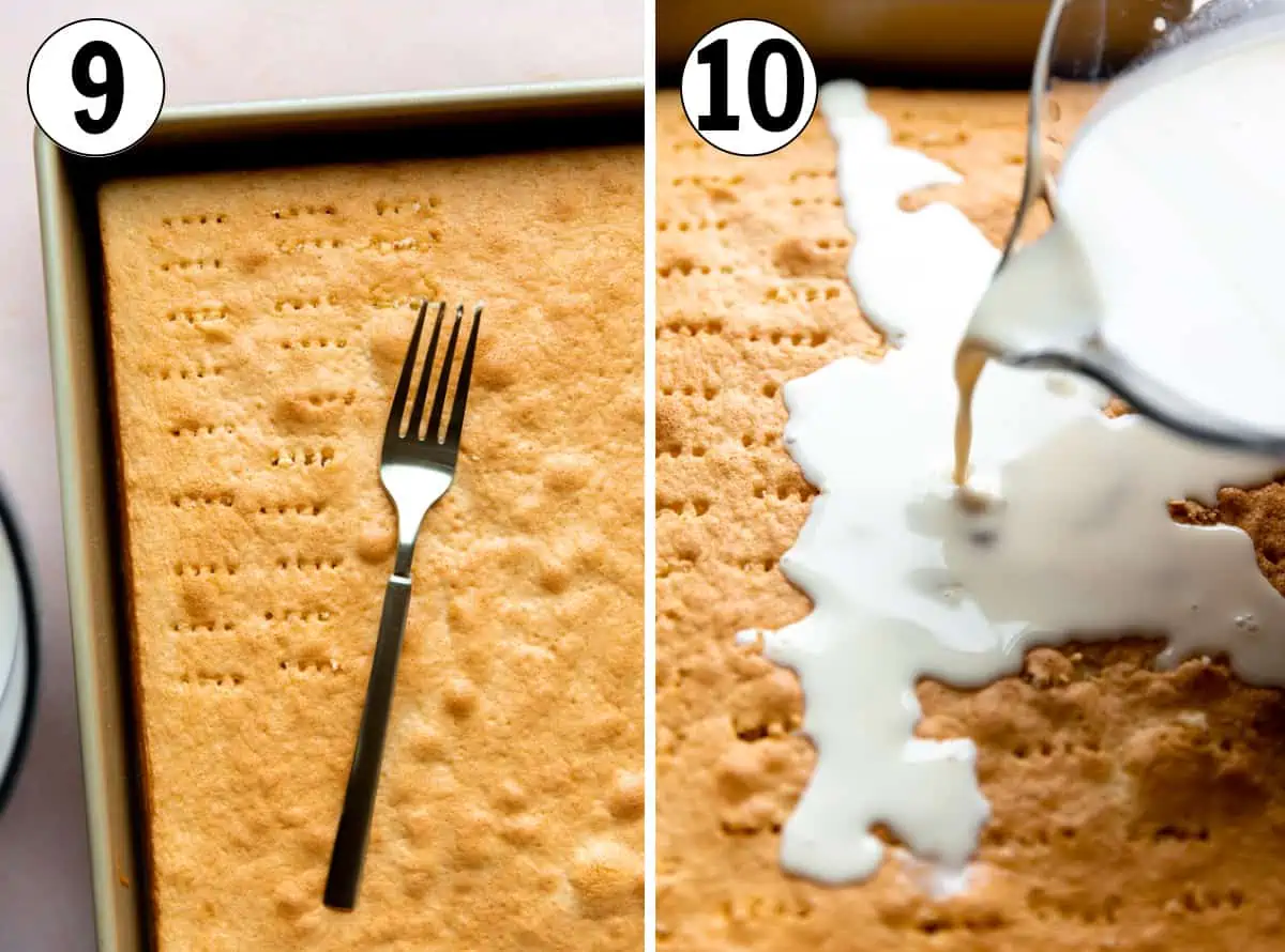 Tres Leches cake after being baked, then being poked with a fork and three milks being poured over the top to soak. 