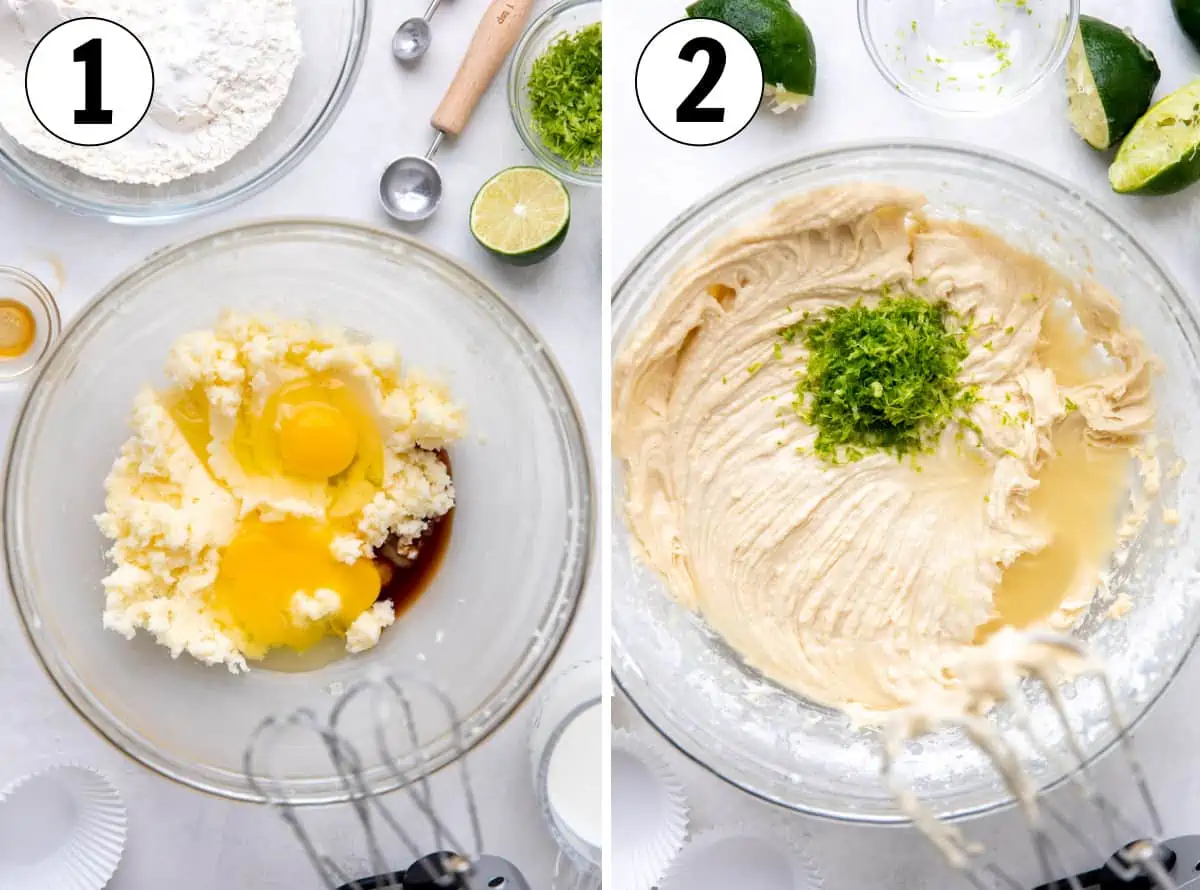 How to make coconut cupcakes with a hint of lime, showing batter being mixed.