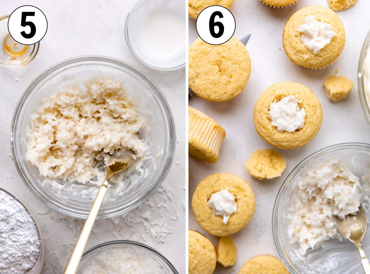 How to make coconut lime cupcakes, showing creamy coconut filling being added to centers of cupcakes. 