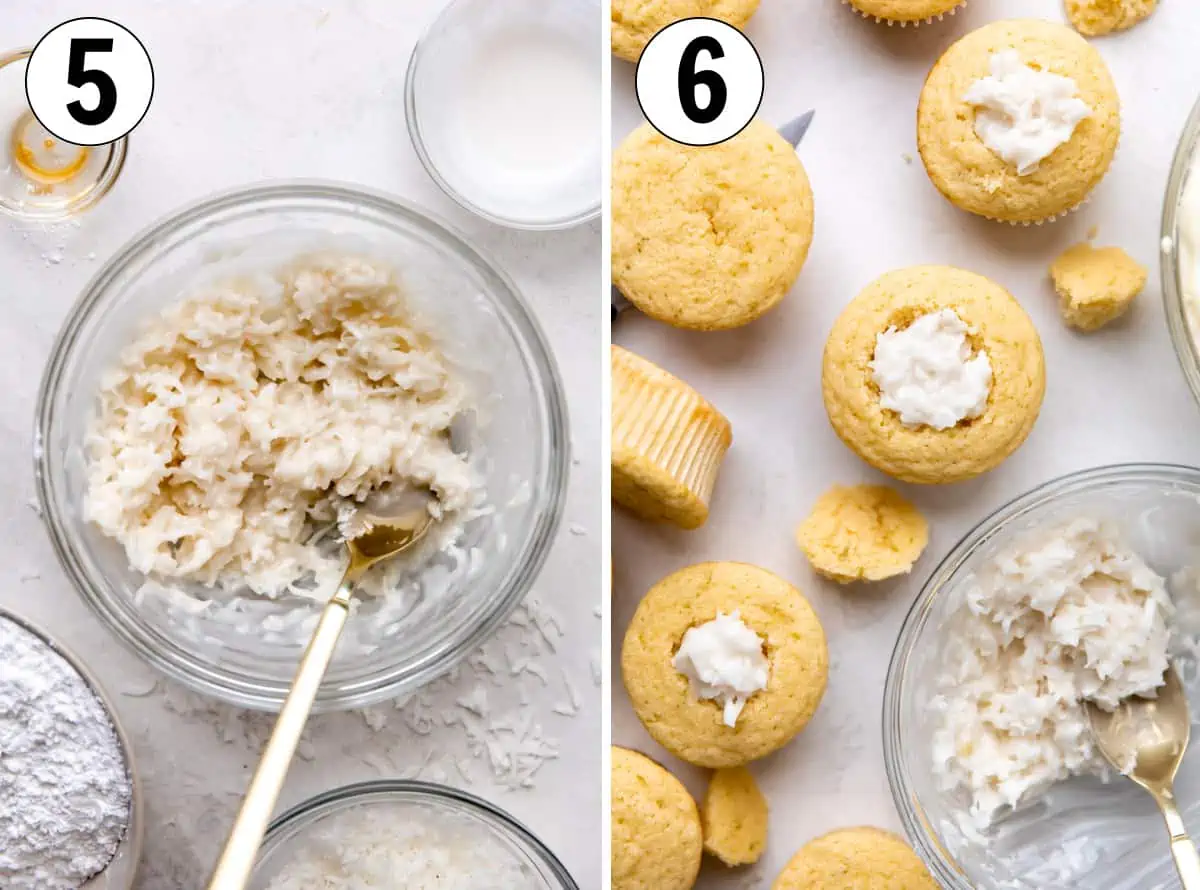 How to make coconut lime cupcakes, showing creamy coconut filling being added to centers of cupcakes. 