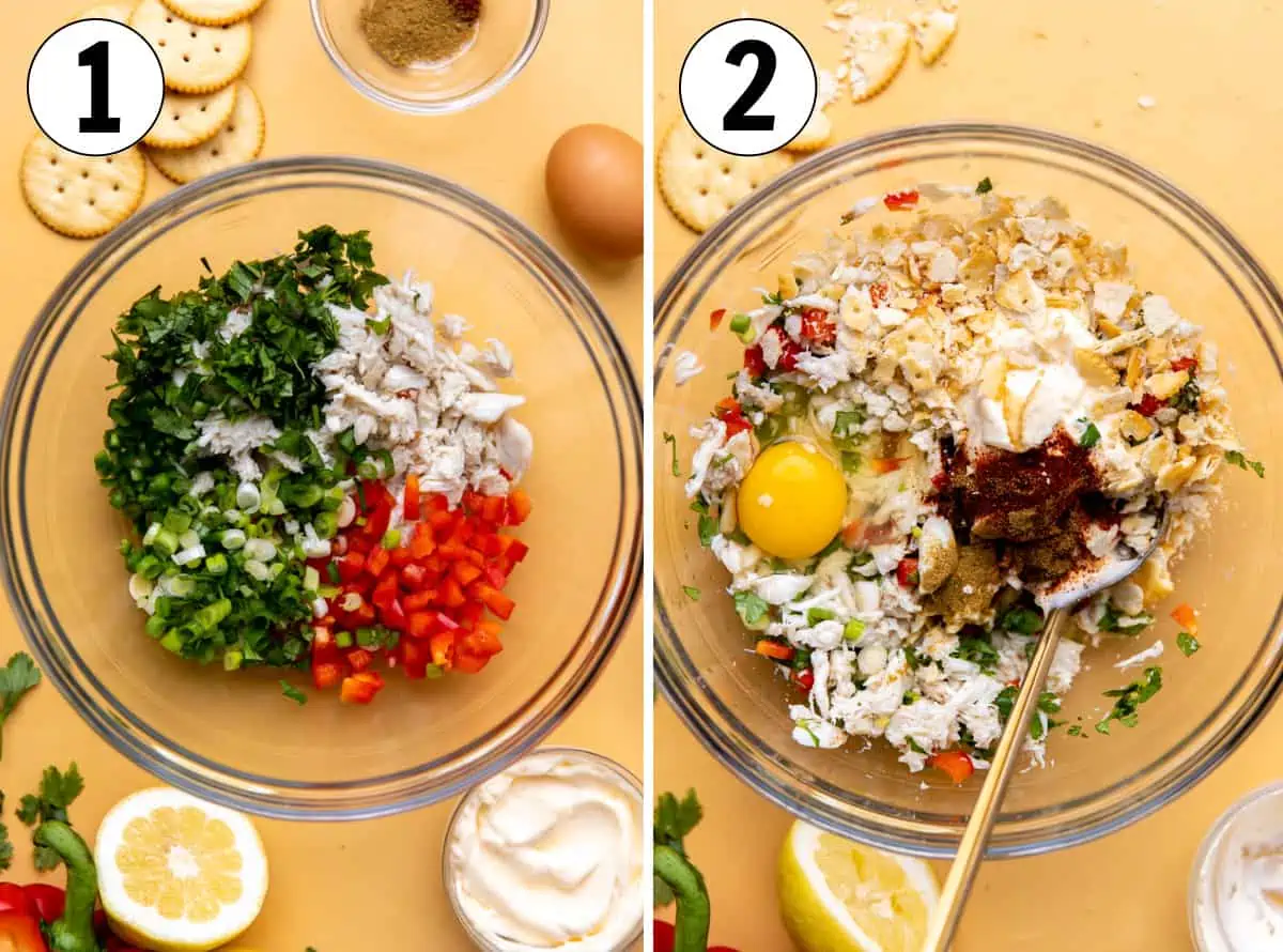 Combining ingredients needed to make homemade crab cakes. 