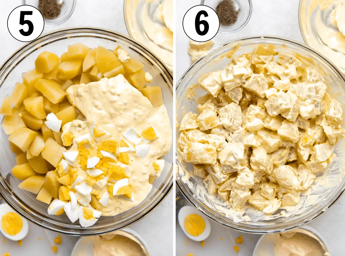 Step by step how to make potato salad, showing peeling and chopping potatoes and getting ready to boil. 