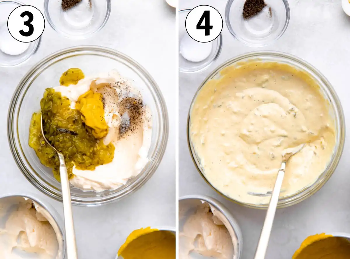 How to make potato salad. Mixing ingredients to make the creamy dressing, showing mayonnaise, mustard and relish in a bowl. 