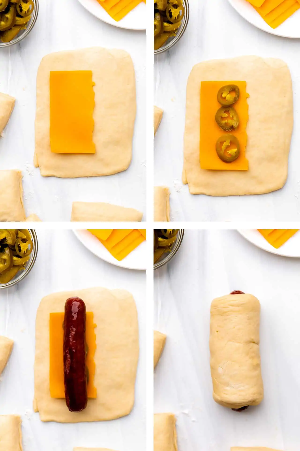 How to make sausage kolaches, showing dough rolled out then topped with cheese, jalapeños, sausage and then rolled up.