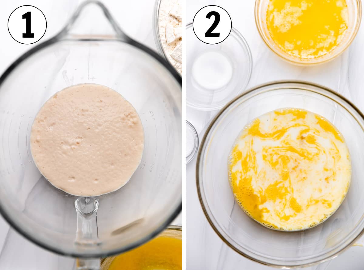 How to make sausage kolaches, showing letting yeast bloom and combining melted butter with eggs and milk for the dough.