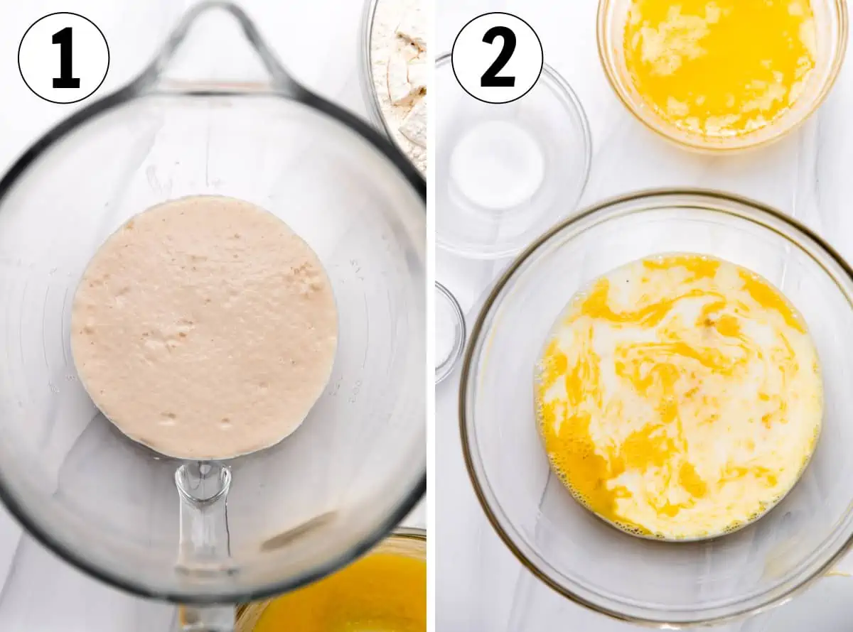 How to make sausage kolaches, showing letting yeast bloom and combining melted butter with eggs and milk for the dough.
