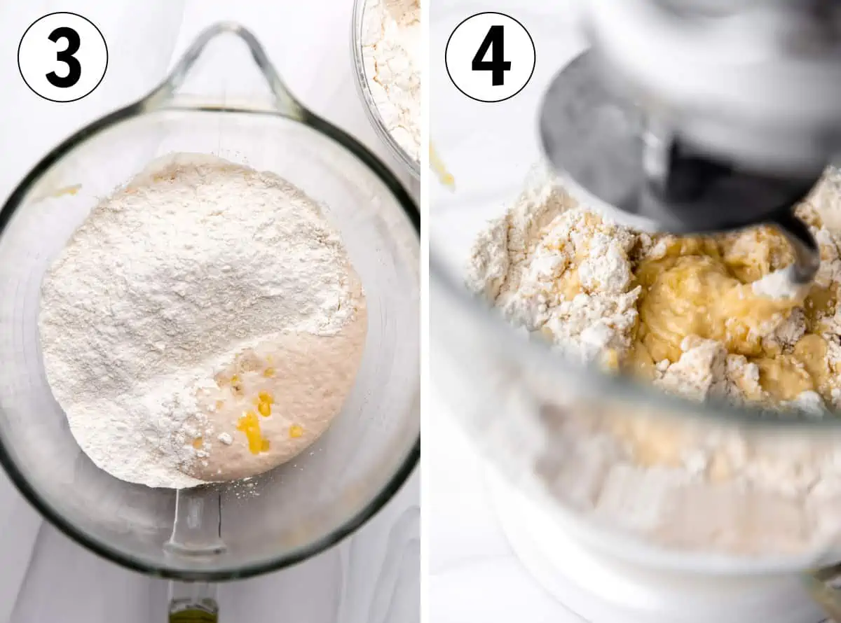 How to make sausage kolaches, showing adding additional ingredients for dough to bloomed yeast, then mixing with a stand mixer.