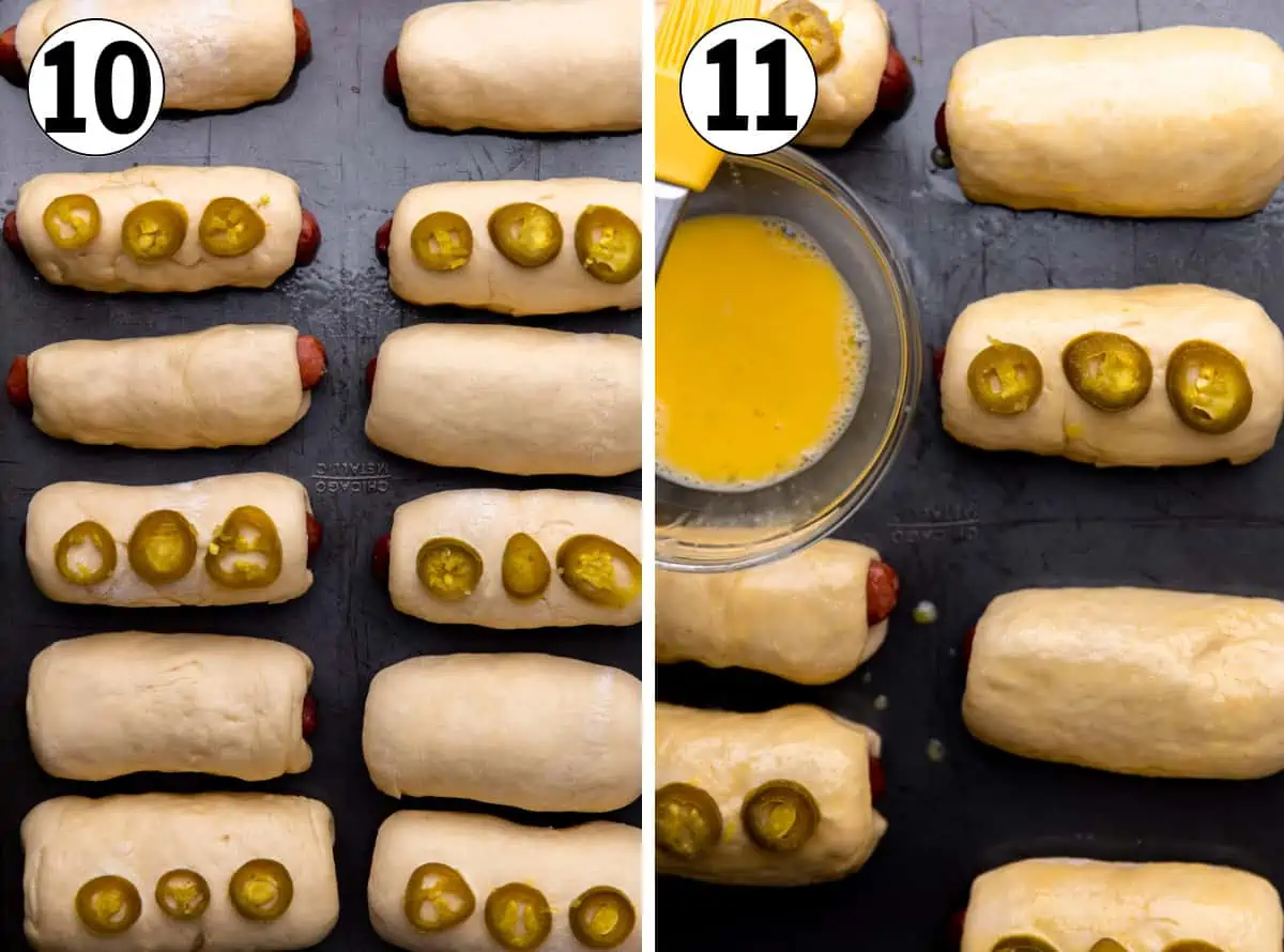 How to make sausage kolaches, kolaches laid on a baking sheet, topped with jalapeños and being brushed with an egg wash for baking.