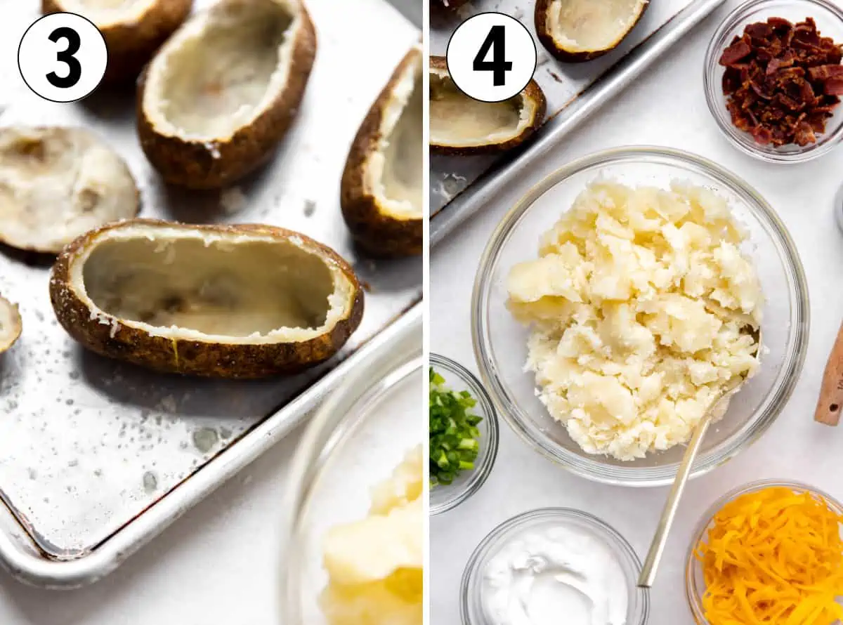How to make twice baked potatoes showing the centers scooped out of the potatoes and being made into mashed potato. 