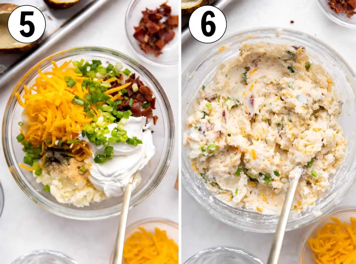 How to make twice baked potatoes showing ingredients being added to make flavorful, cheesy mashed potatoes. 