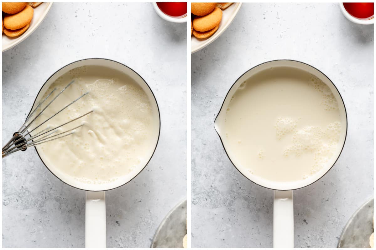 Heating milk and sugar in a saucepan.