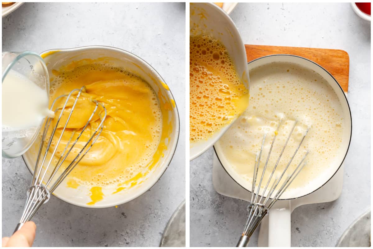 Tempering eggs by adding hot milk and cream then pouring mixture into the heated cream.