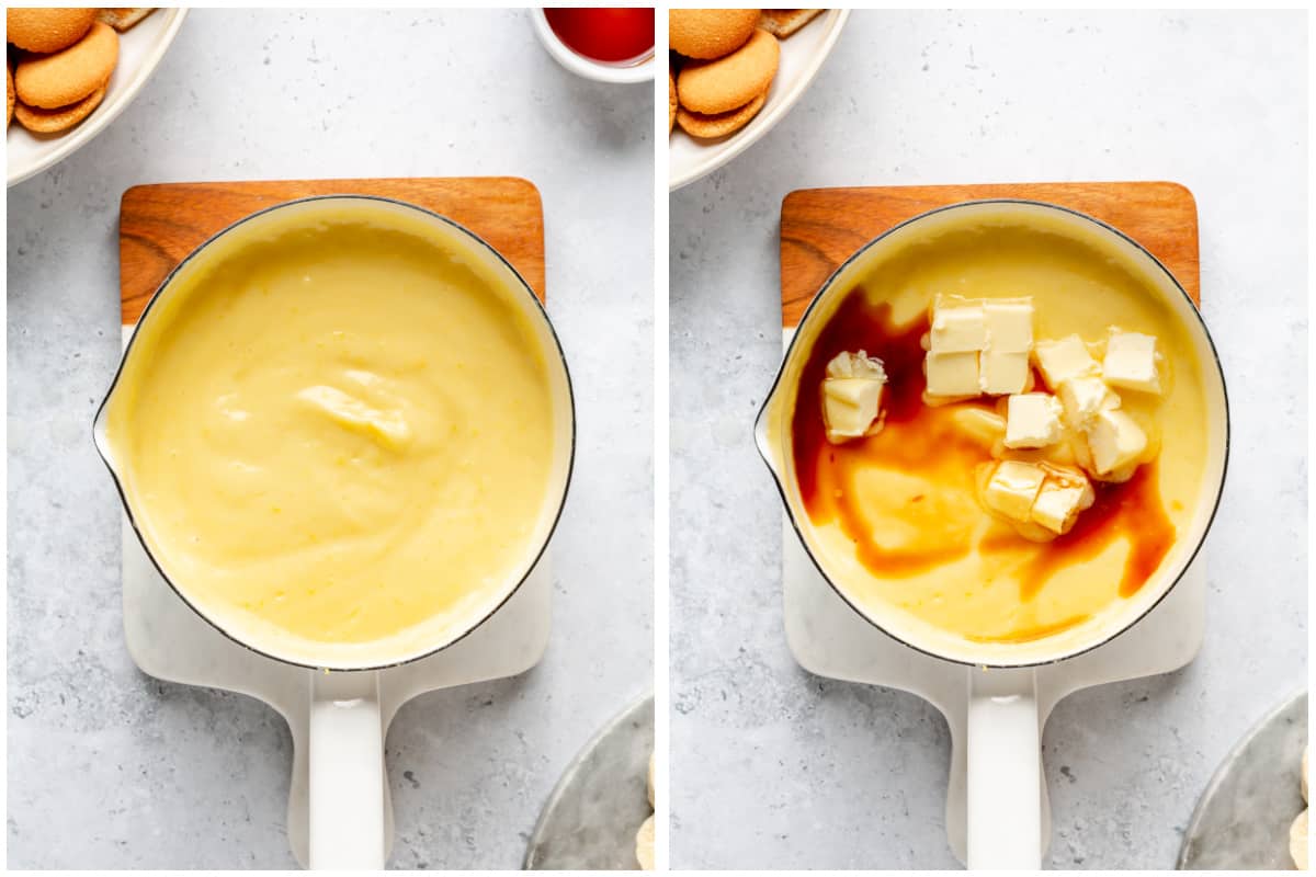 Thickened pudding then adding in butter and vanilla. 