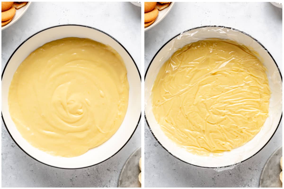 Storing pudding with a layer of plastic wrap pressed into the top.