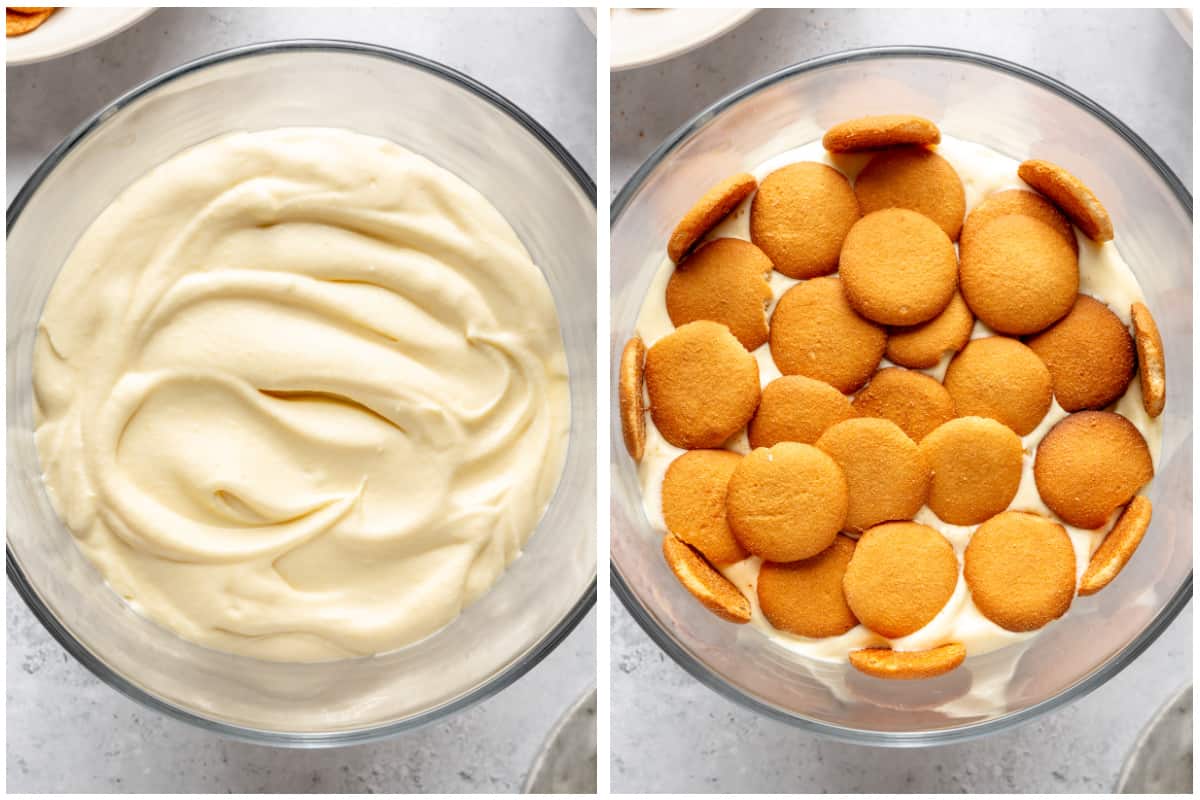 Layering homemade pudding with bananas, and vanilla wafers. 