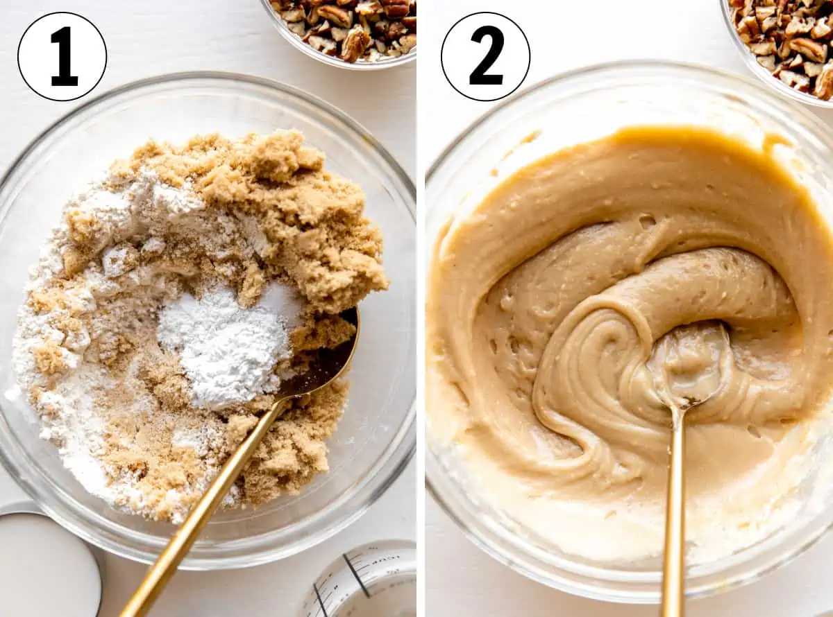 How to make pecan cobbler, showing combining the ingredients to make the cobbler topping, ingredients in a mixing bowl and then combined to a smooth batter. 