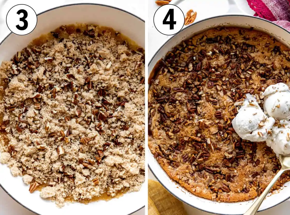Layering ingredients for a pecan cobbler into a baking dish and then showing after it’s baked with a crisp cobbler topping. 