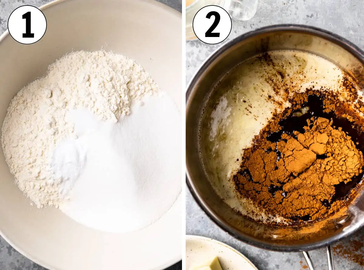 How to make Texas Sheet Cake, showing combining dry ingredients and then melting butter and adding cocoa powder. 
