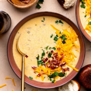 Bowl of beer cheese soup ready to serve with bacon, cheese and fresh parsley on top.