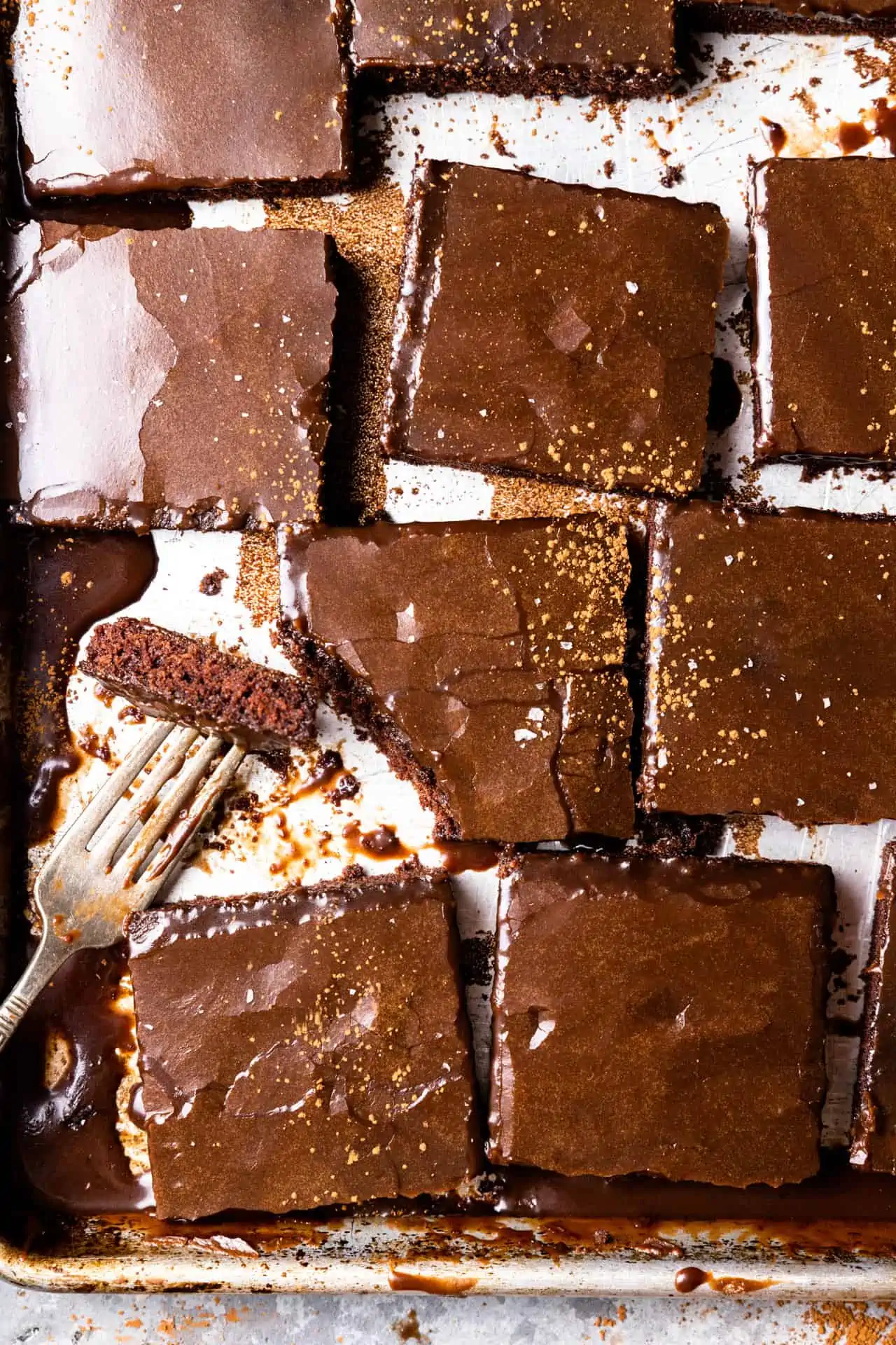 Overhead of Texas Sheet Cake with a smooth fudge like frosting.