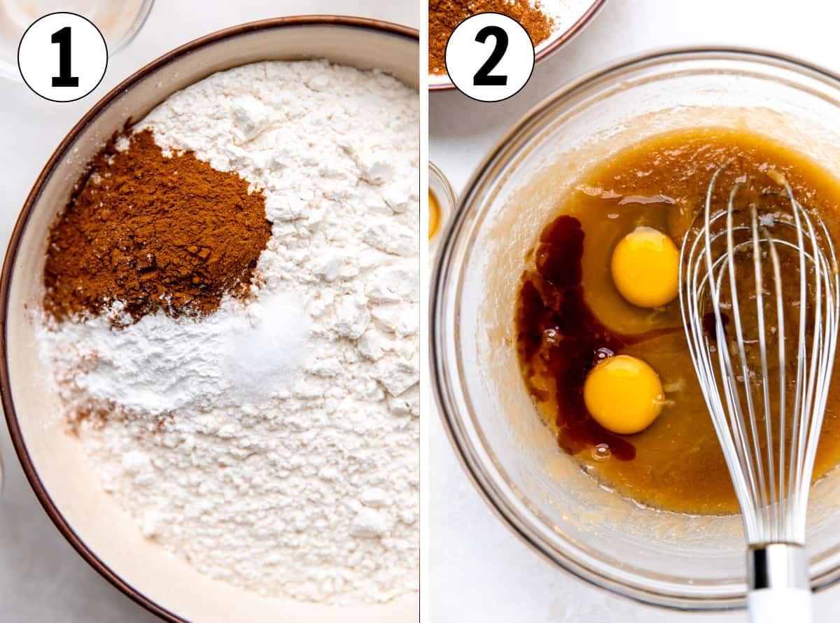 How to make Cinnamon Churro bars showing dry ingredients being mixed together, and the wet ingredients in separate bowls.
