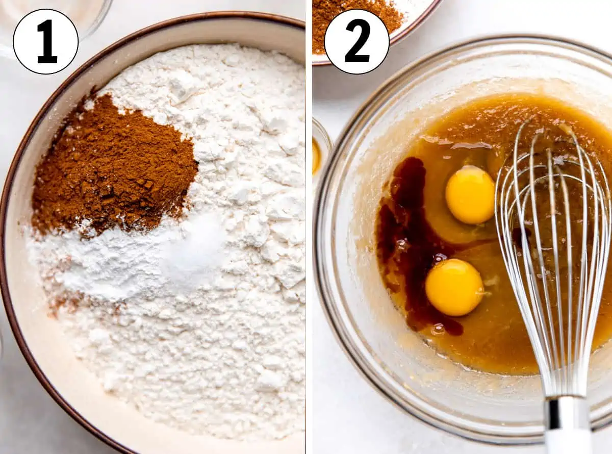How to make Cinnamon Churro bars showing dry ingredients being mixed together, and the wet ingredients in separate bowls.