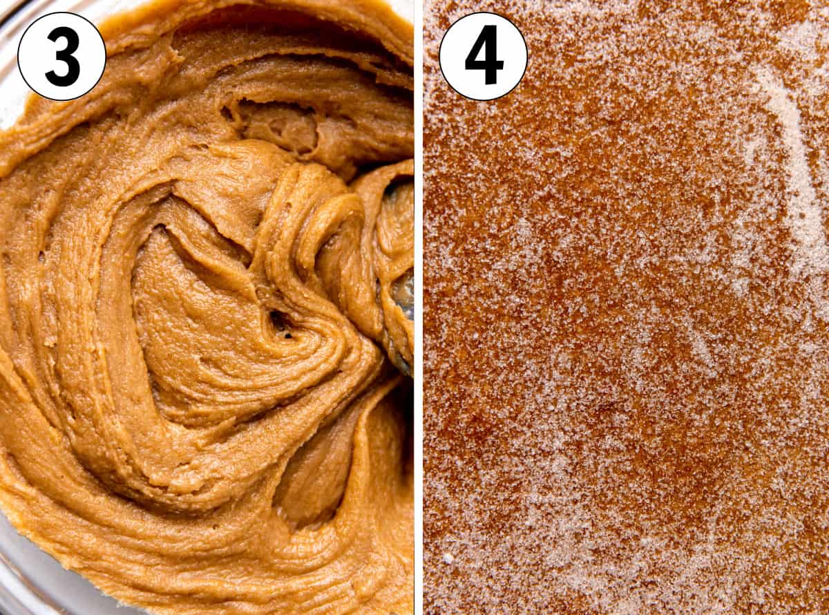 How to make Cinnamon churro bars, showing mixed batter and sugar and cinnamon combined.