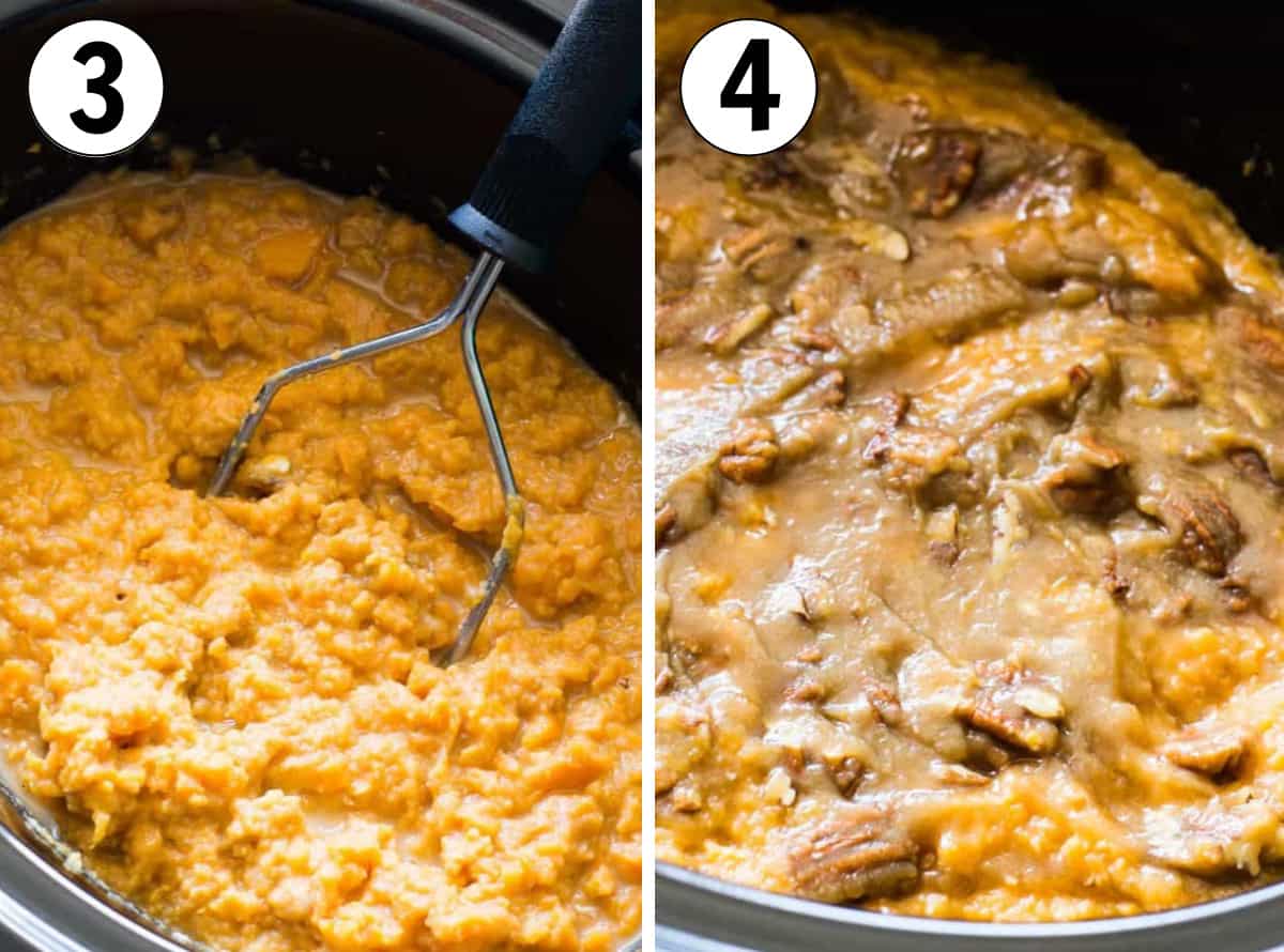 How to make slow cooker sweet potato casserole, showing mashing the cooked potato with additional ingredients, then smoothed out and topped with a brown sugar, pecan topping.