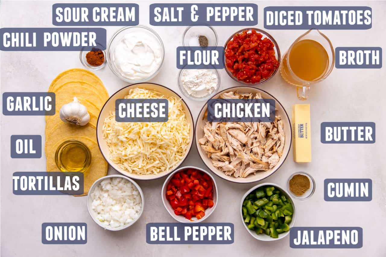 Ingredients needed to make King Ranch Cassrole laid out on the counter.