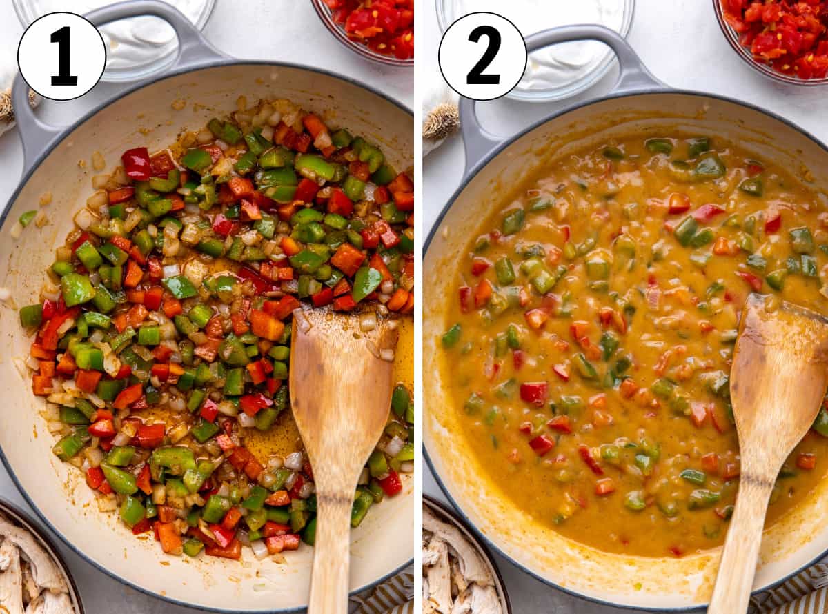 How to make King Ranch Casserole without canned soups, showing sautéing vegetables and making a roux with flour and broth.