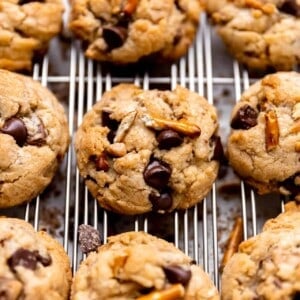 Brown Butter Kitchen Sink Cookies on a wire rack for cooling.