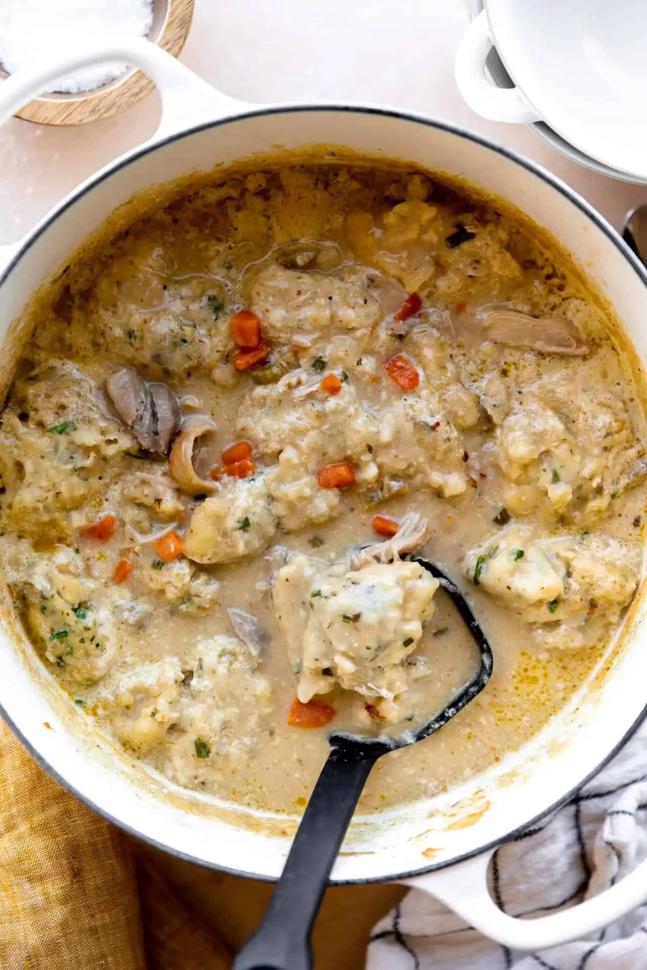 Pot filled with homemade chicken and dumplings soup.