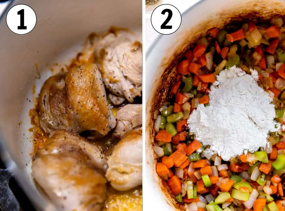 How to make homemade chicken and dumplings, searing the chicken in a dutch oven, then cooking the mirepoix with flour. 