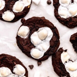 Overhead of mexican hot chocolate cookies topped with toasted marshmallows.
