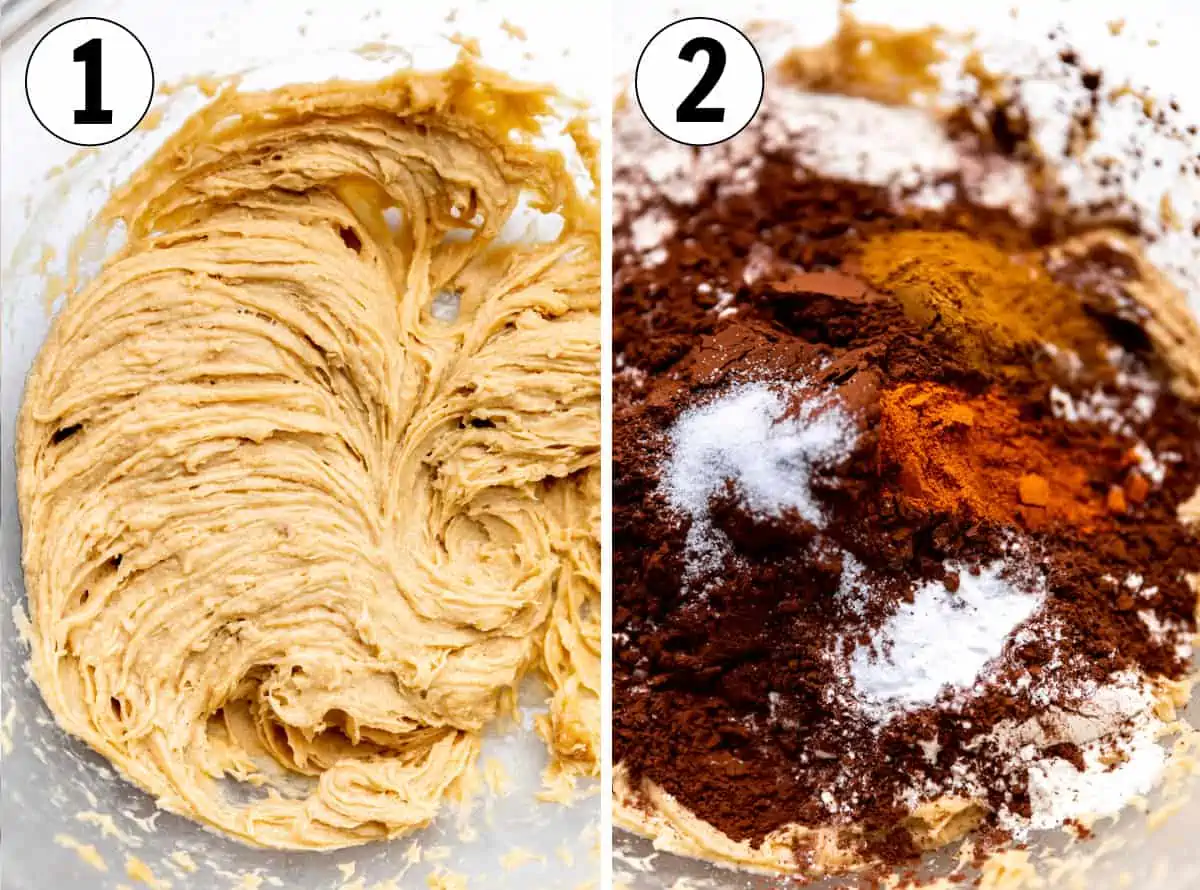 How to make Mexican Hot Chocolate cookies, showing mixing cookie dough and adding cocoa, cinnamon, chili powder, salt and baking soda.