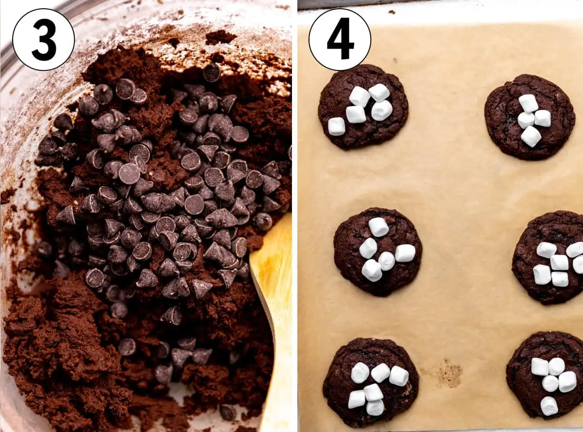 How to make mexican hot chocolate cookies, adding chocolate chips to cookie dough. Placing marshmallows on top to bake.