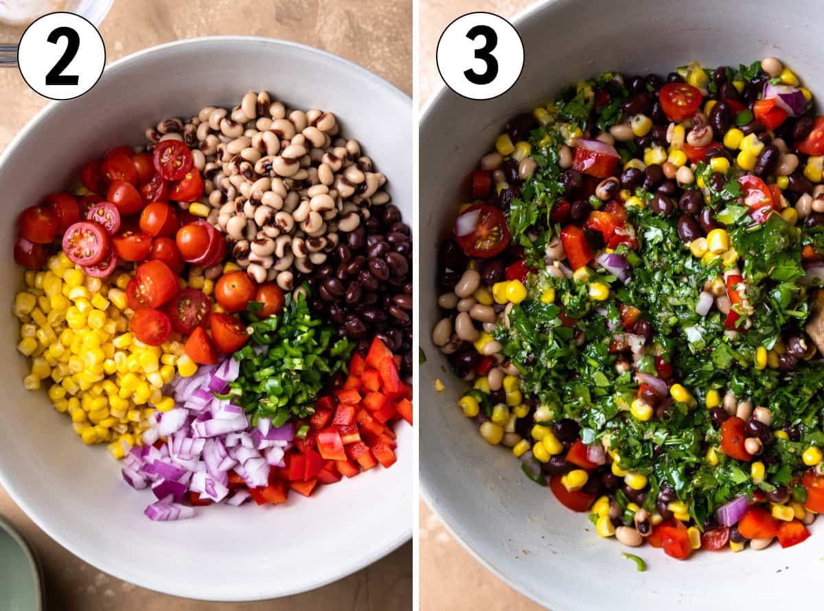 Fresh veggies and beans in a bowl to mix up into cowboy caviar dip. Before and after dressing being added.
