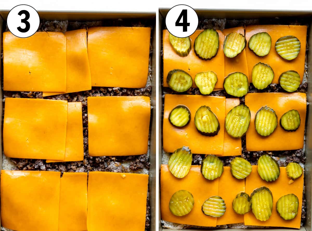 Cheese slices on top of ground beef on slider buns, then pickles being added on top. 