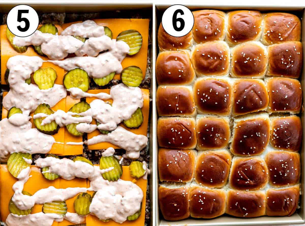 Burger sauce spread on top of meat and cheese sliders, then slider buns added on top and baked until golden brown. 