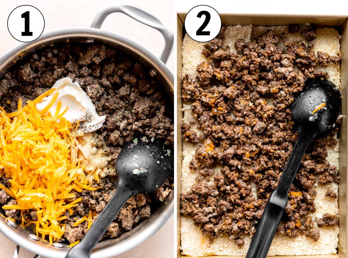 Skillet with cooked ground beef and mayonnaise, cheese and seasonings being added, then the meat mixture spread onto slider buns.