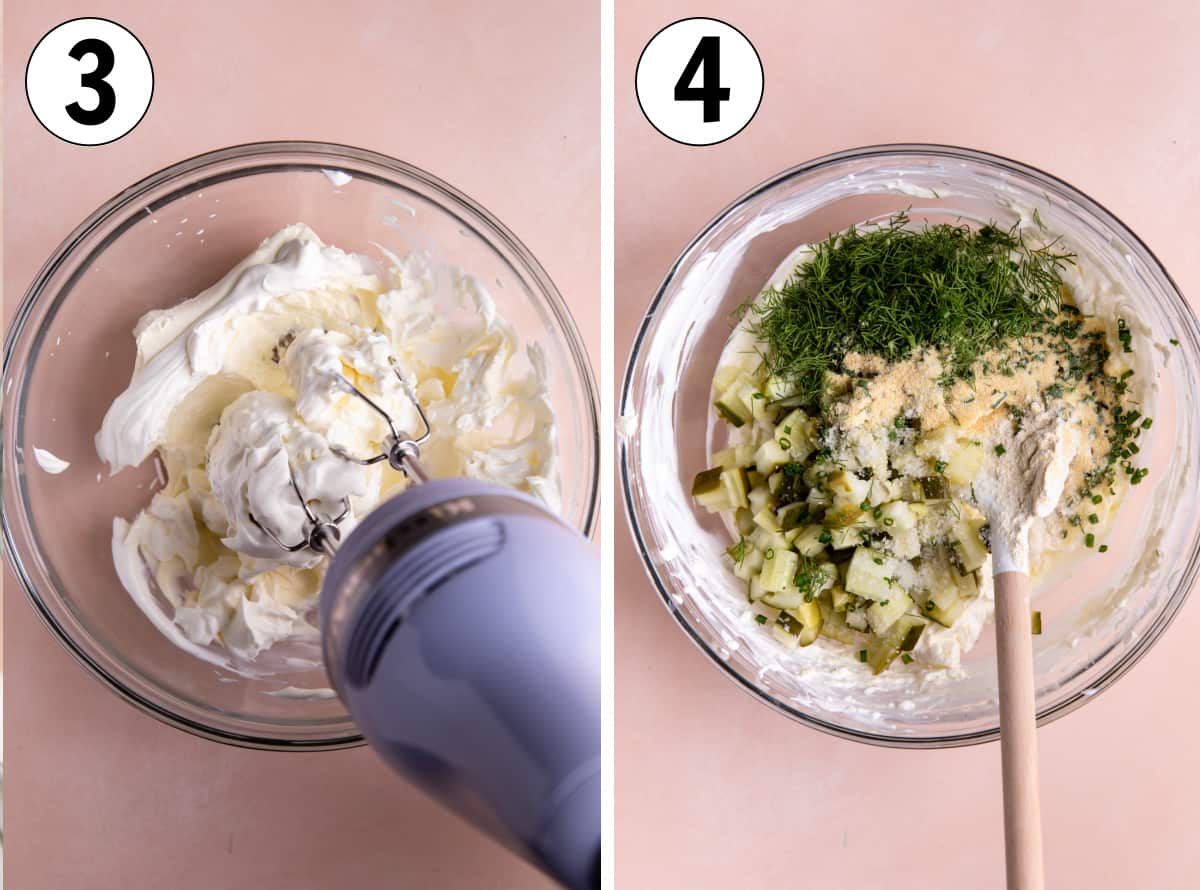 Cream cheese and sour cream being mixed with a hand mixer, then fresh herbs and spices being added for pickle dip.