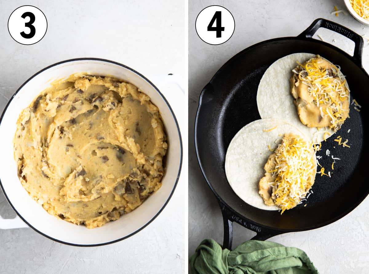 Overhead of dutch oven filled with mashed potatoes for tacos. Then showing tortillas topped with potatoes and cheese being fried.