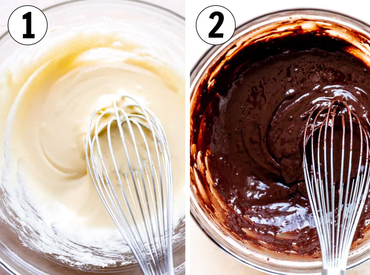 Cake batter being mixed and chocolate being added. 