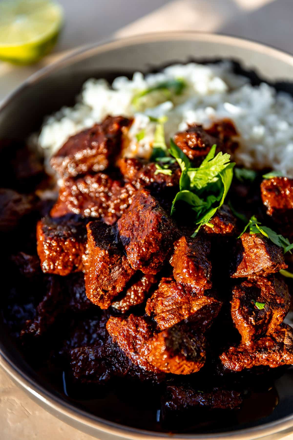 Up close look of Chile Colorado served on top of cilantro lime rice, topped with fresh cilantro. 