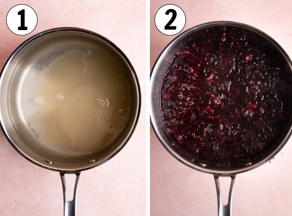 How to make agua de Jamaica, showing sugar and water in a saucepan and hibiscus steeping.