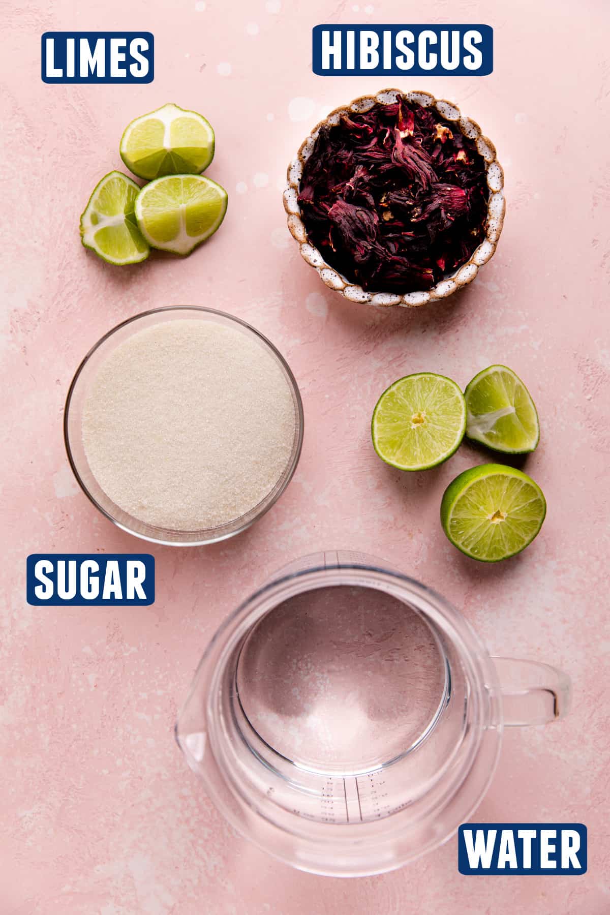 Ingredients needed to make agua de Jamaica laid out on the counter.