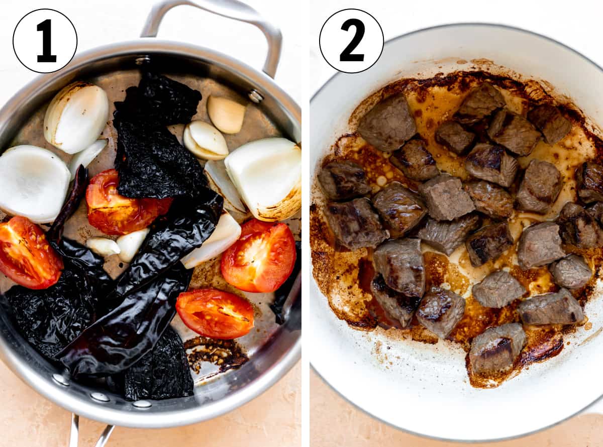 How to make chile colorado, roasting tomato, onion and chiles in a pot and searing beef in a white dutch oven. 