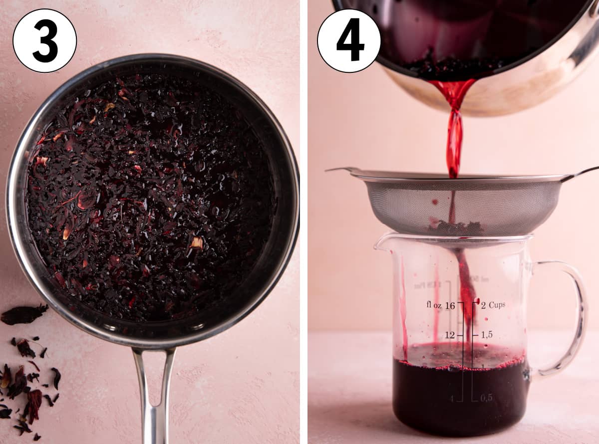 Hibiscus flowers steeping in a saucepan of hot water, then the syrup being poured through a strainer. 