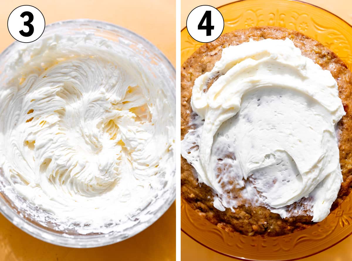 Mixing cream cheese frosting and spreading on top of a cake layer. 