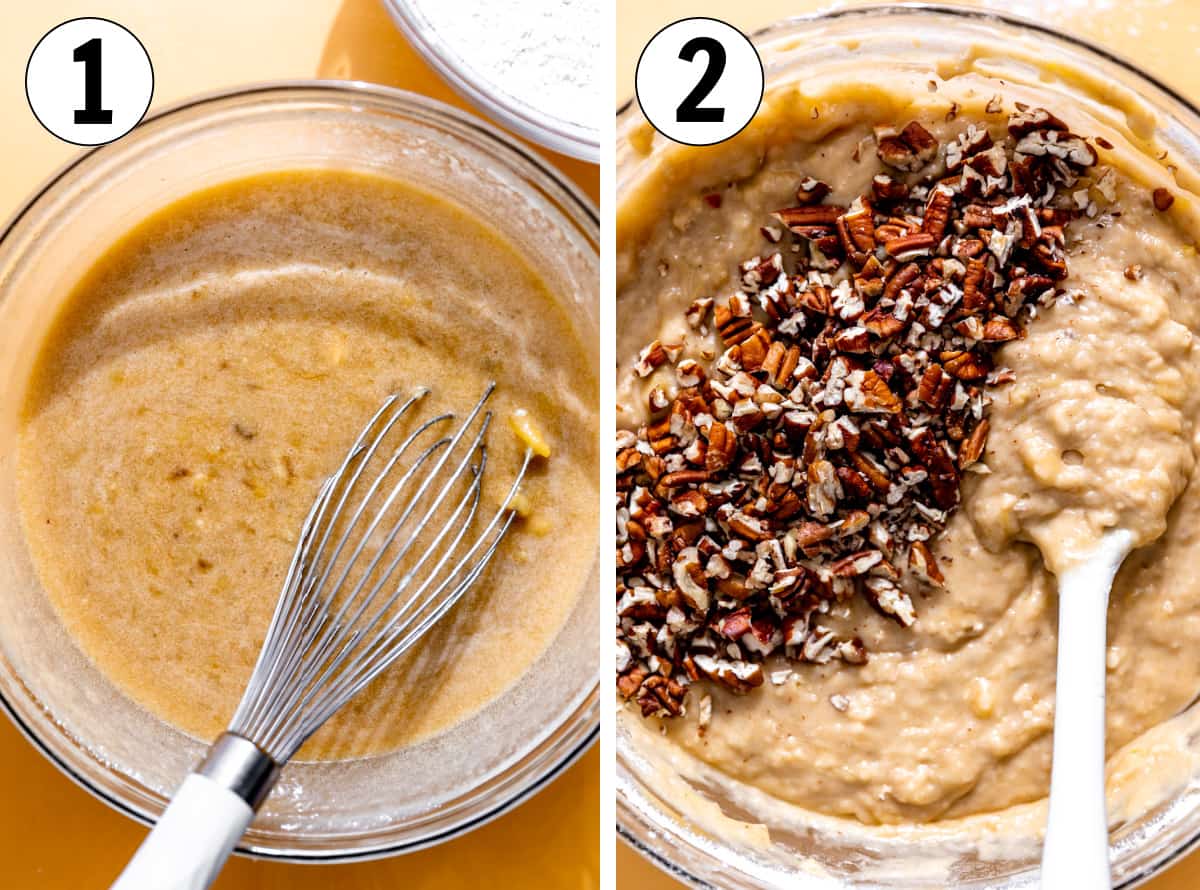 How to make hummingbird cake, showing mixing the cake batter and adding chopped pecans.